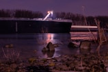Night view of a cargo ship navigating interior waterways