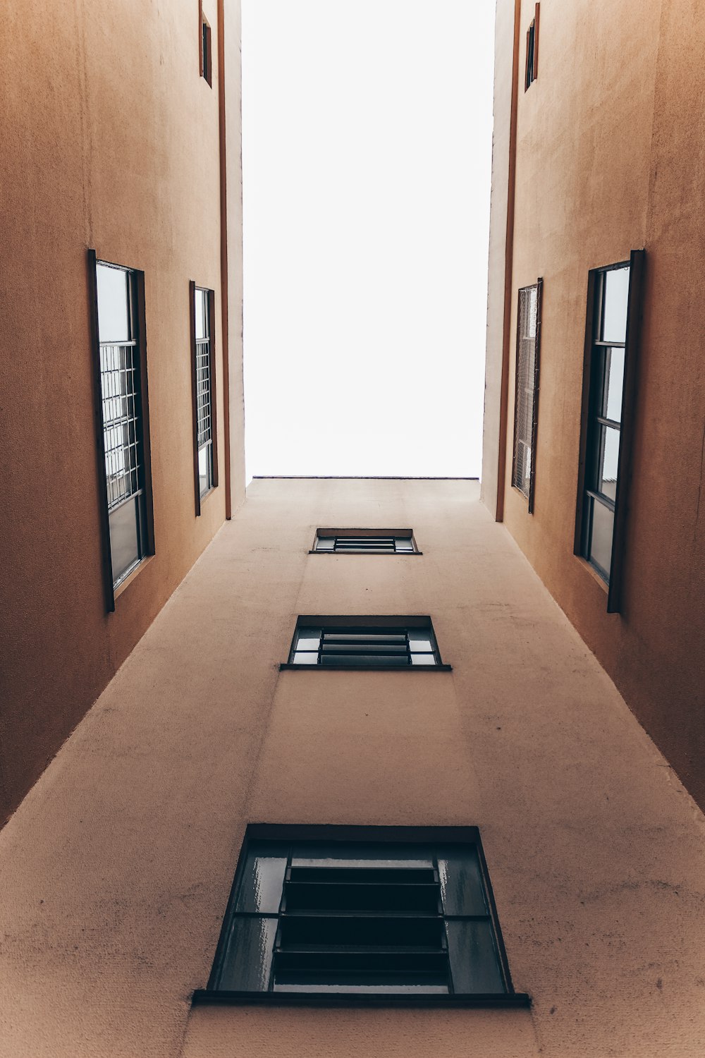 brown hallway with black wooden doors