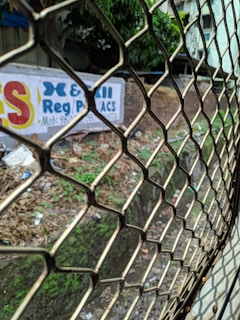 A metal grating or fence is prominently in the foreground, dividing the viewer from a drainage ditch or canal running alongside a wall with a painted advertisement. The ground is covered in grass, leaves, and litter. In the background, partially obscured by foliage, is a white building.