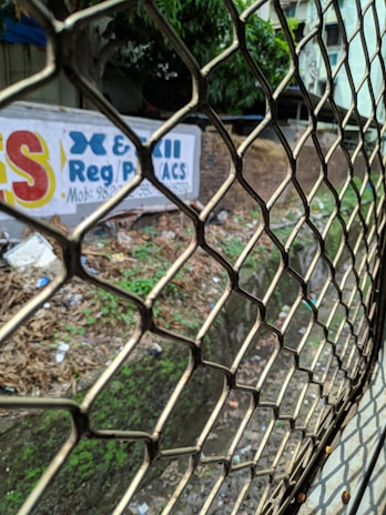 A metal grating or fence is prominently in the foreground, dividing the viewer from a drainage ditch or canal running alongside a wall with a painted advertisement. The ground is covered in grass, leaves, and litter. In the background, partially obscured by foliage, is a white building.