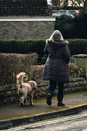woman in black coat and blue denim jeans walking with brown dog on sidewalk during daytime