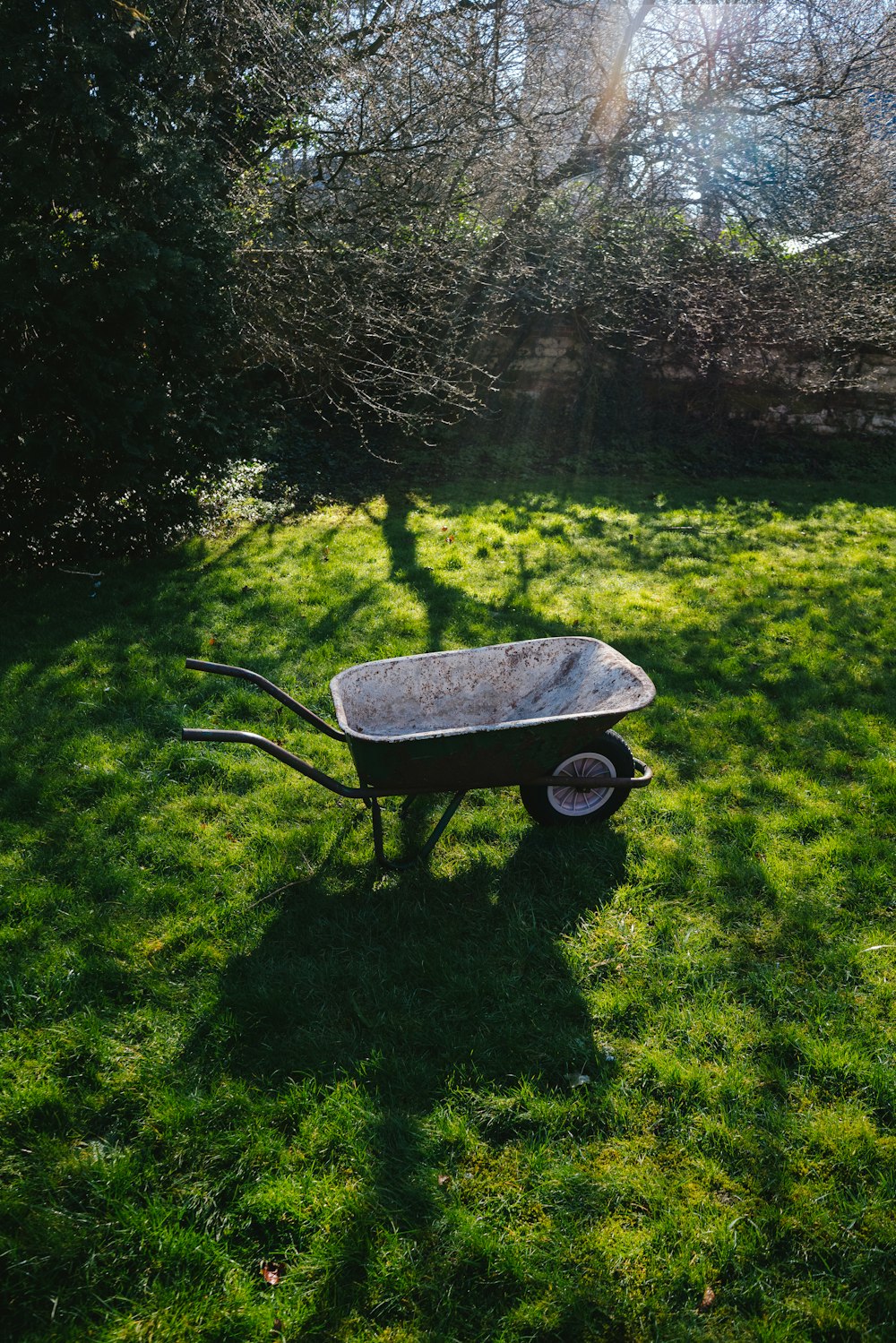 black and brown wheelbarrow on green grass field