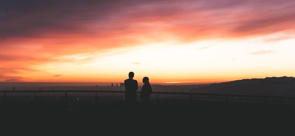 silhouette of 2 person standing on seashore during sunset