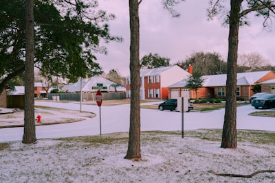 A suburban neighborhood street with snow covering the ground. There are houses with driveways and a few parked cars. Tall trees are in the foreground, and a stop sign is positioned at a street intersection. The neighborhood appears calm and quiet with a winter atmosphere.