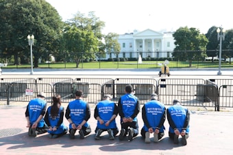 A group of individuals wearing blue vests kneel with their hands behind their backs in front of a fenced area. The backdrop features a large government building surrounded by lush green trees under a bright sky.