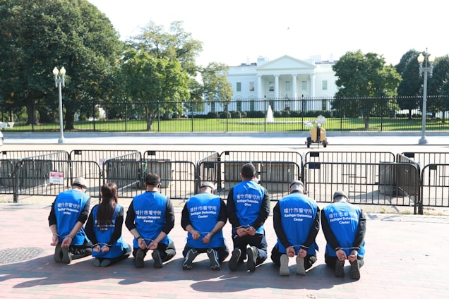A group of individuals wearing blue vests kneel with their hands behind their backs in front of a fenced area. The backdrop features a large government building surrounded by lush green trees under a bright sky.