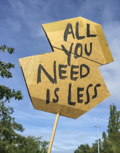 a cardboard sign that says all you need is less