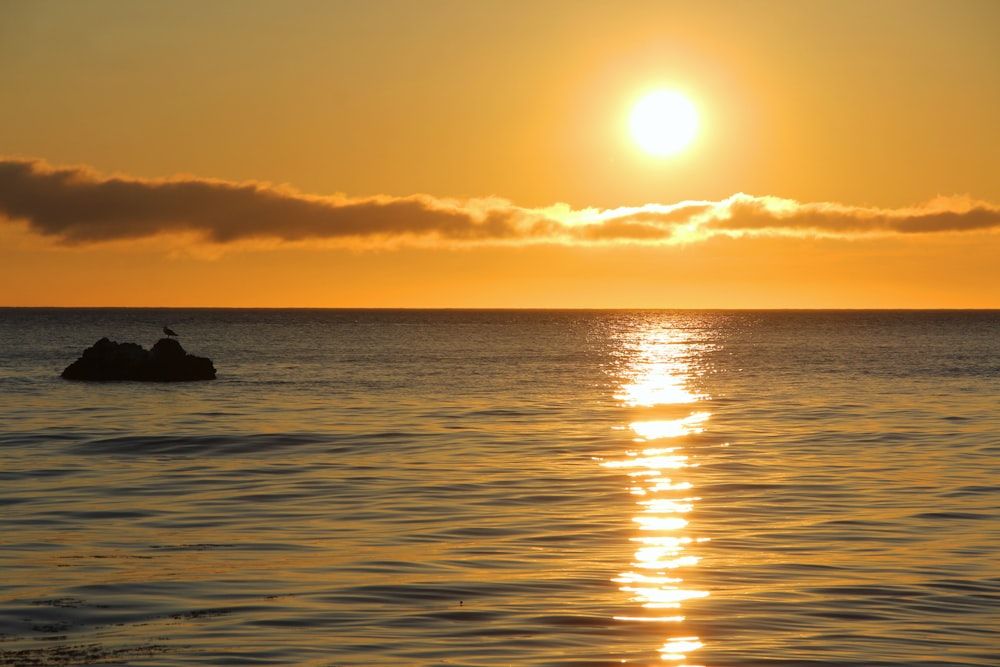 Silueta de una persona en un cuerpo de agua durante la puesta del sol