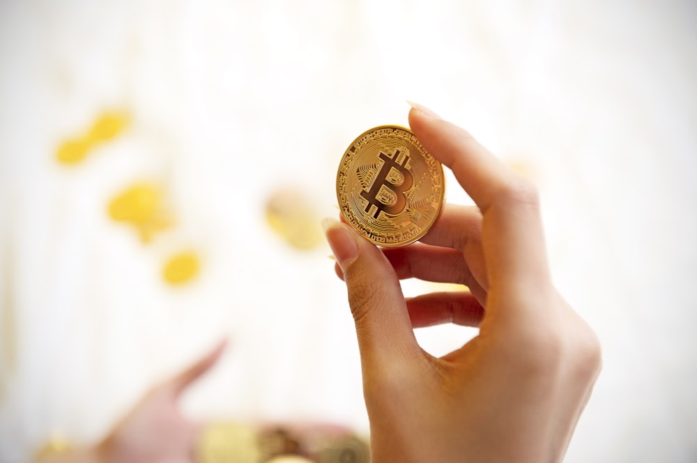 person holding gold round coin