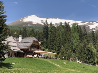 A rustic wooden lodge is situated in front of a dense forest with a towering, snow-capped mountain in the background. People are sitting under large umbrellas at outdoor tables on the green grassy area surrounding the lodge. The sky is clear and blue, adding to the serene natural setting.