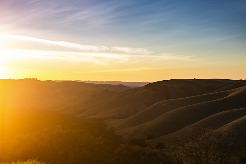 A view of the hills landscape at sunset from the top of Del Valle in Livermore CA in the San Francisco Bay Area.