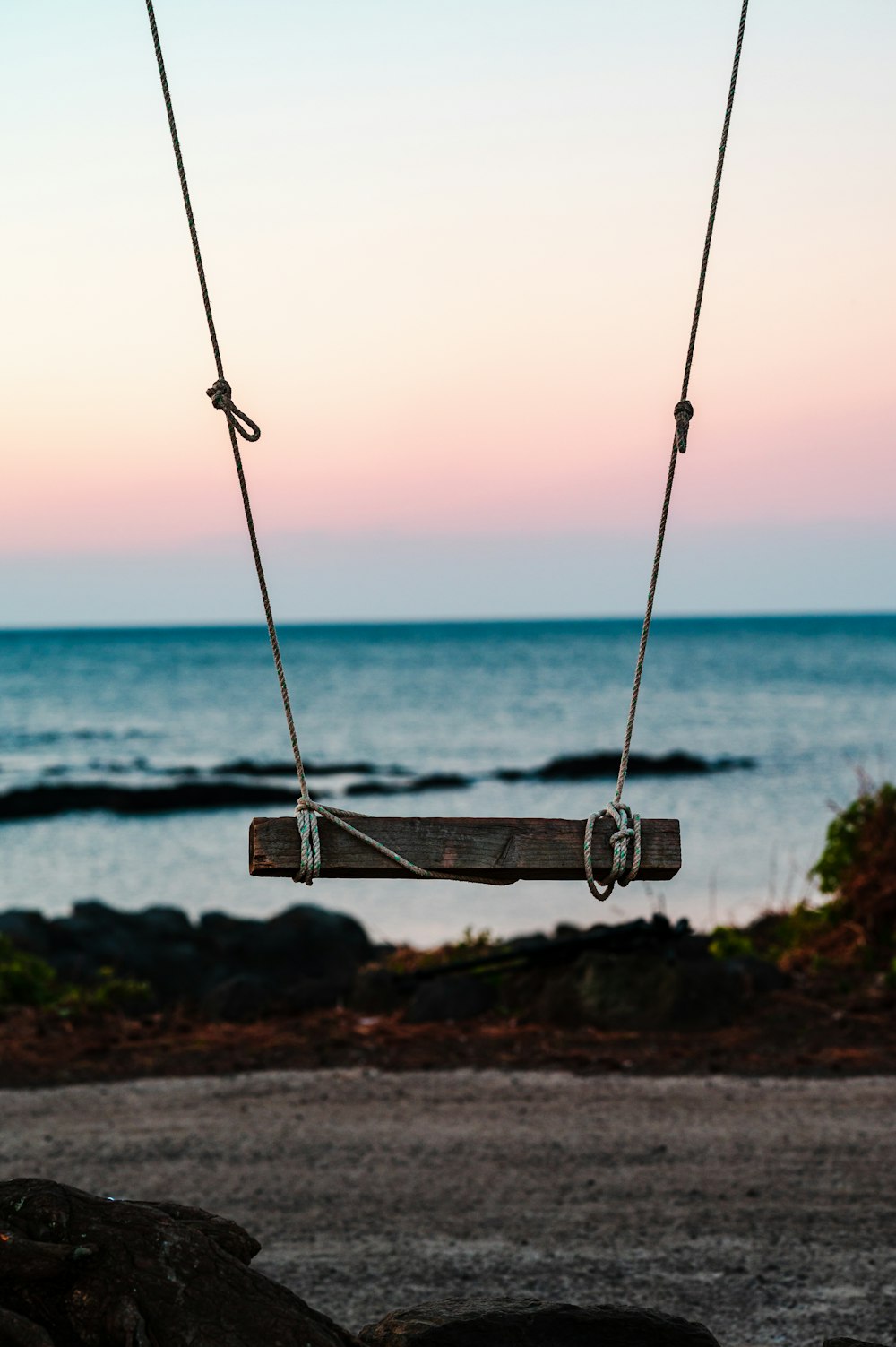 brown wooden swing near sea during daytime