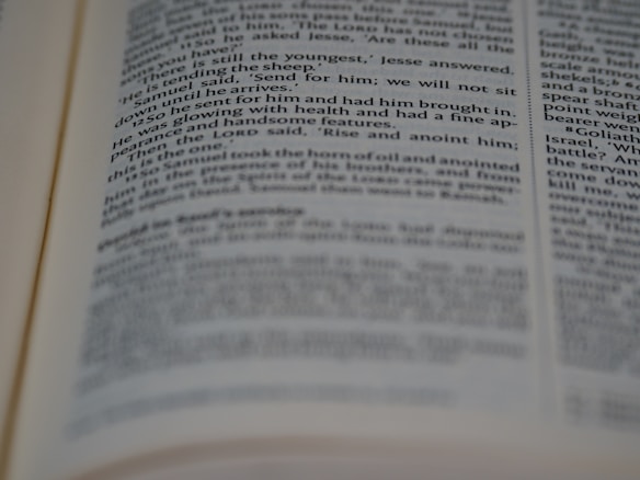 A close-up view of an open book with printed text in English. The focus is on the center of the page, with the text becoming blurred towards the edges. The text is neatly aligned in paragraphs.