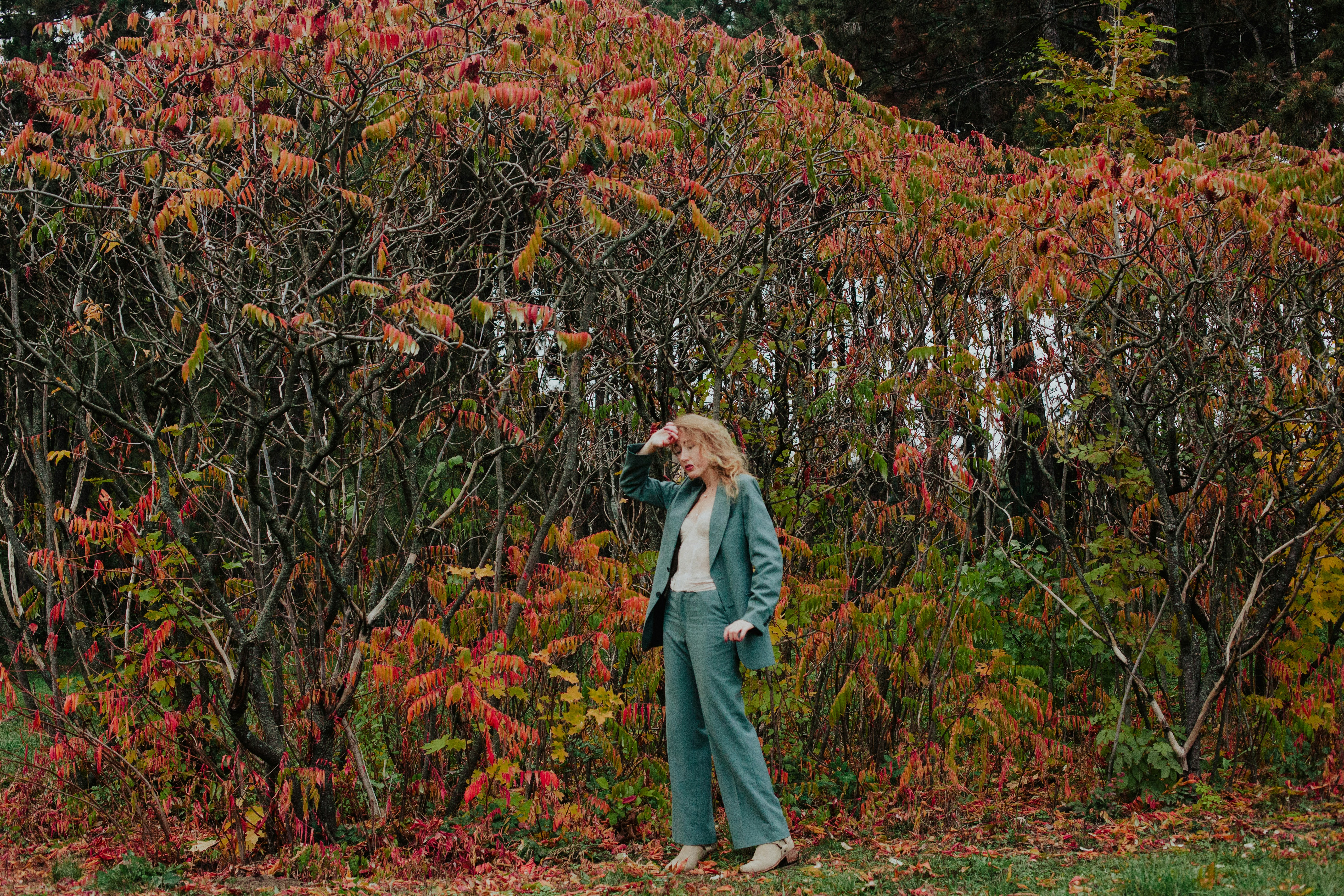woman in blue denim jacket standing on brown dried leaves during daytime