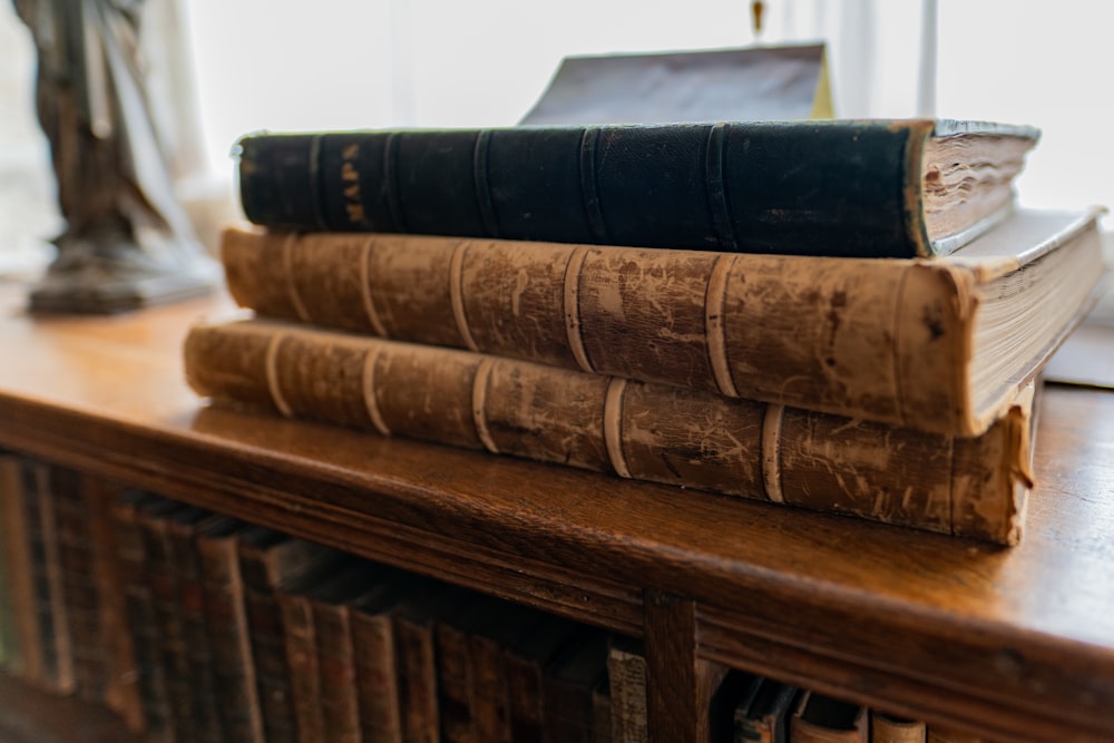 brown and black hardbound books