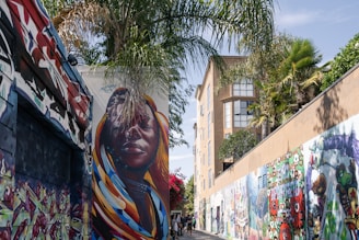 Colorful murals decorate the building walls along a narrow alley. The scene includes a large, vibrant portrait of a woman with a calm expression and intricate hair patterns on the left wall. Surrounding this are various graffiti and artistic designs. Tall palm trees and a modern apartment building are visible in the background.