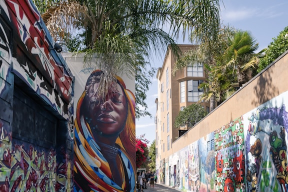 Colorful murals decorate the building walls along a narrow alley. The scene includes a large, vibrant portrait of a woman with a calm expression and intricate hair patterns on the left wall. Surrounding this are various graffiti and artistic designs. Tall palm trees and a modern apartment building are visible in the background.