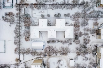 Aerial shot of Saint Petersburg State Medical University campus in winter.