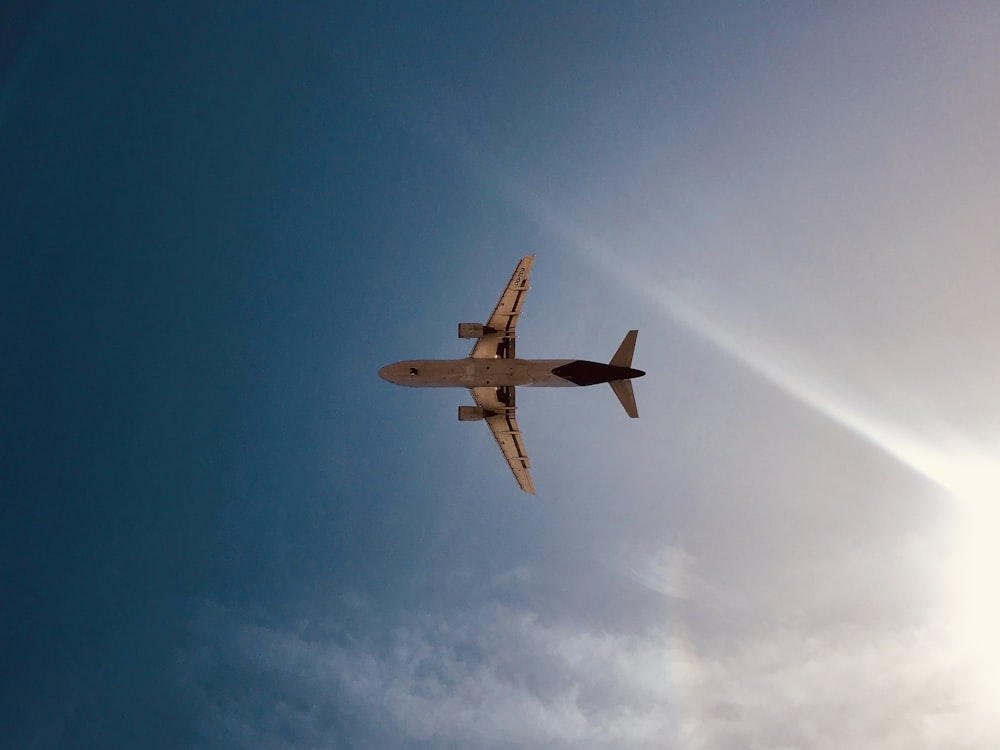 white airplane in mid air under blue sky during daytime