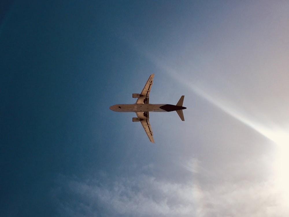 aeroplano bianco a mezz'aria sotto il cielo blu durante il giorno