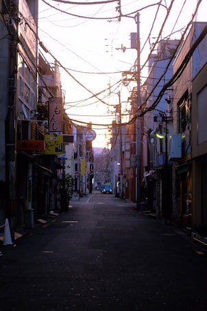 A narrow urban street lined with buildings, featuring numerous overhead power lines creating a web-like pattern against the sky. The scene is set during dusk or dawn, with a soft light illuminating the street. A blue vehicle is visible in the distance, and various colorful signs protrude from the buildings.