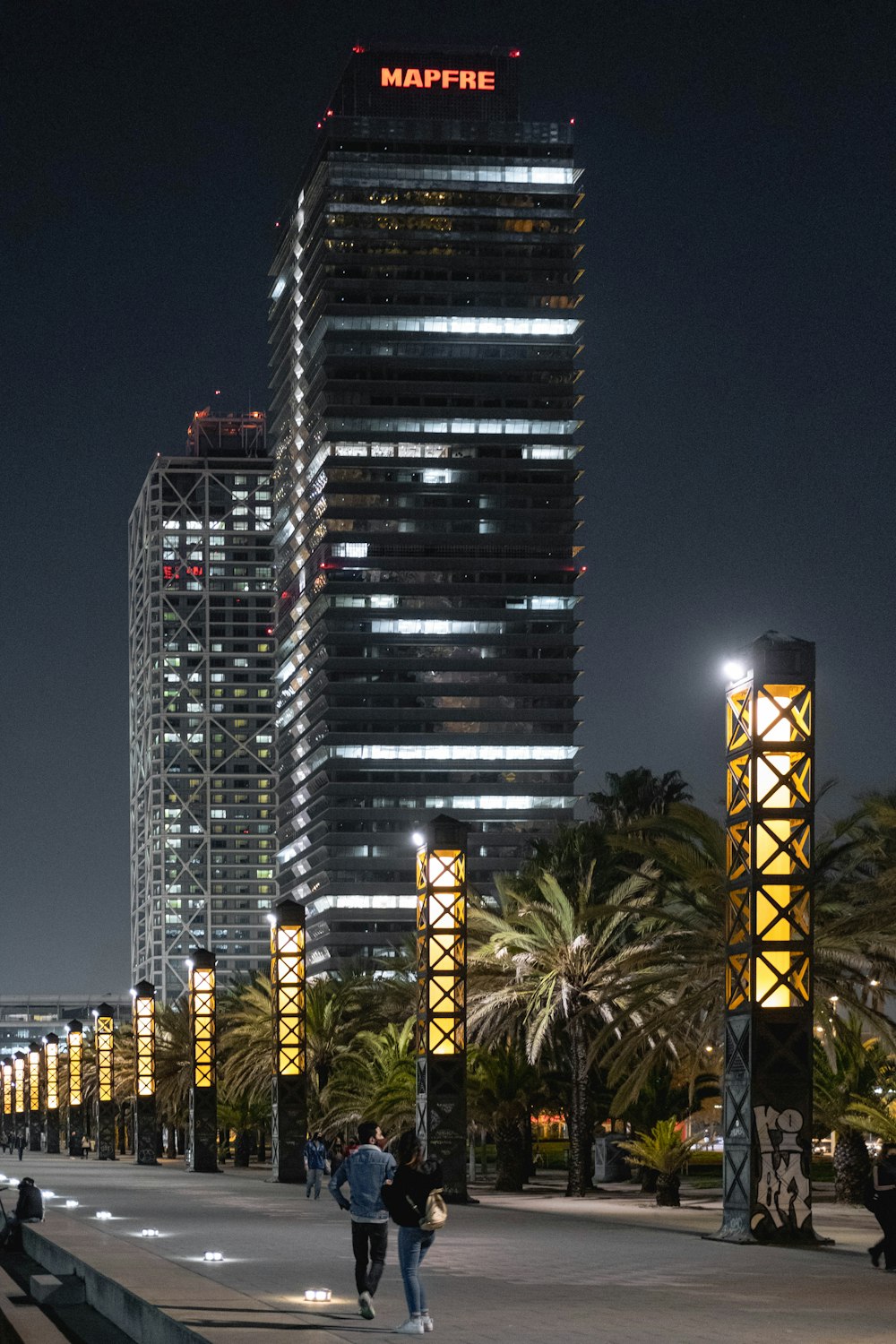 green palm tree near city buildings during night time