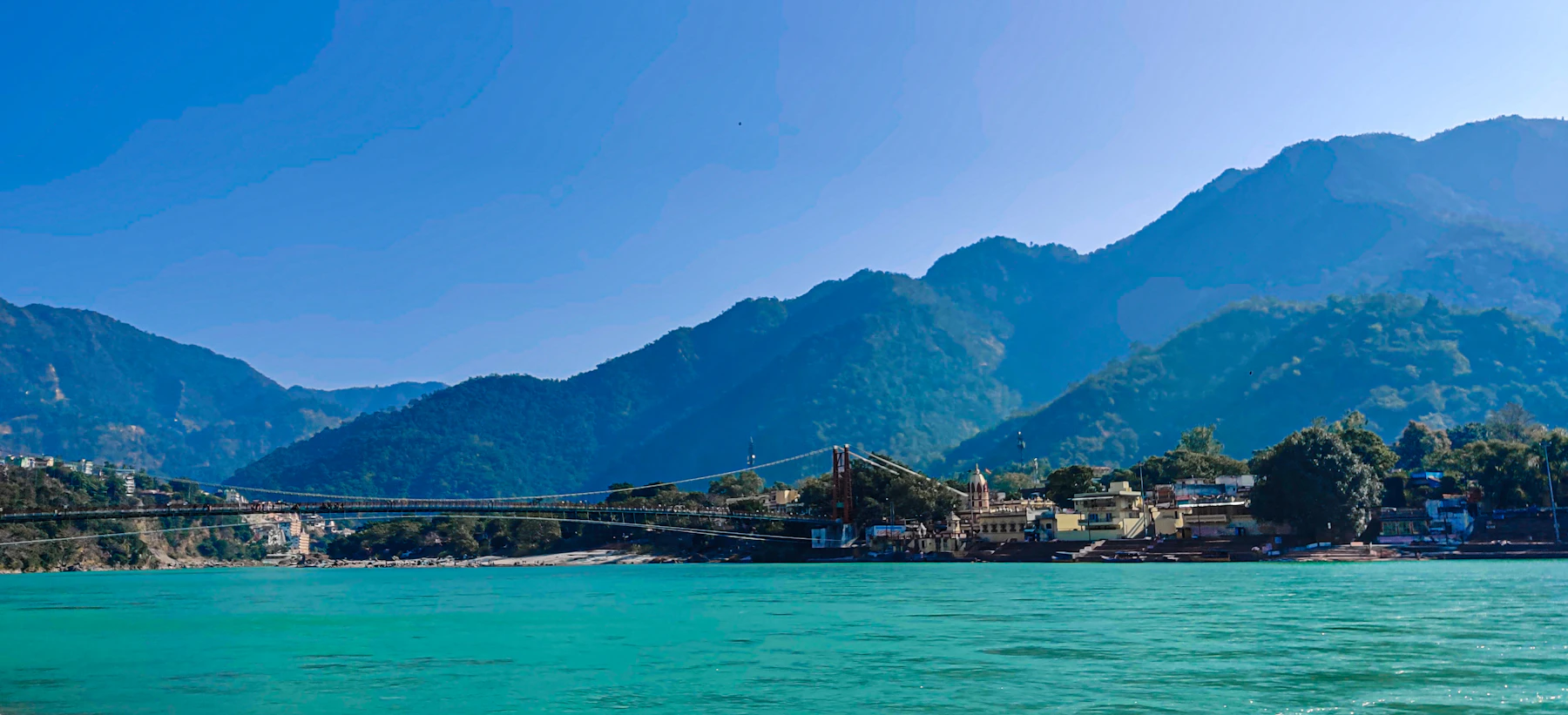 The river under blue forested ridges above Rishikesh