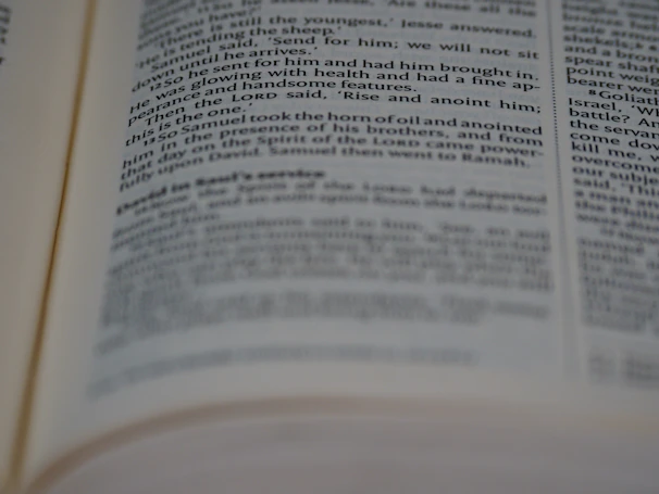 Close-up of an open book featuring side-by-side text in two different languages.