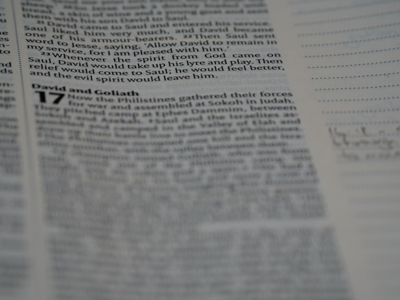 The image contains a close-up of a page from a book, displaying text from the Bible with verses and references. The section visible includes the story of David and Goliath. The text is printed in a serif font in black ink on a white page. Some portions of the page are visible, with a line of dots and faint handwriting or annotation on the right.