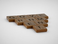 Scrabble tiles are arranged to spell the word 'GOVERNMENT' on a plain surface. The tiles are wooden with black letters and numbers indicating the points value for each letter.