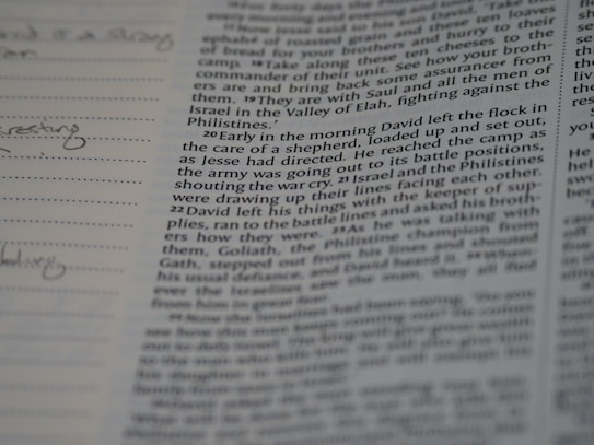 A close-up view of a page from a book, containing text and notes. The text appears to be a passage from a story or religious text, discussing a character named David, and mentions Jesse and the Philistines. In the left margin, there are handwritten notes and lines. The focus is on the printed text, with emphasis on a specific passage.