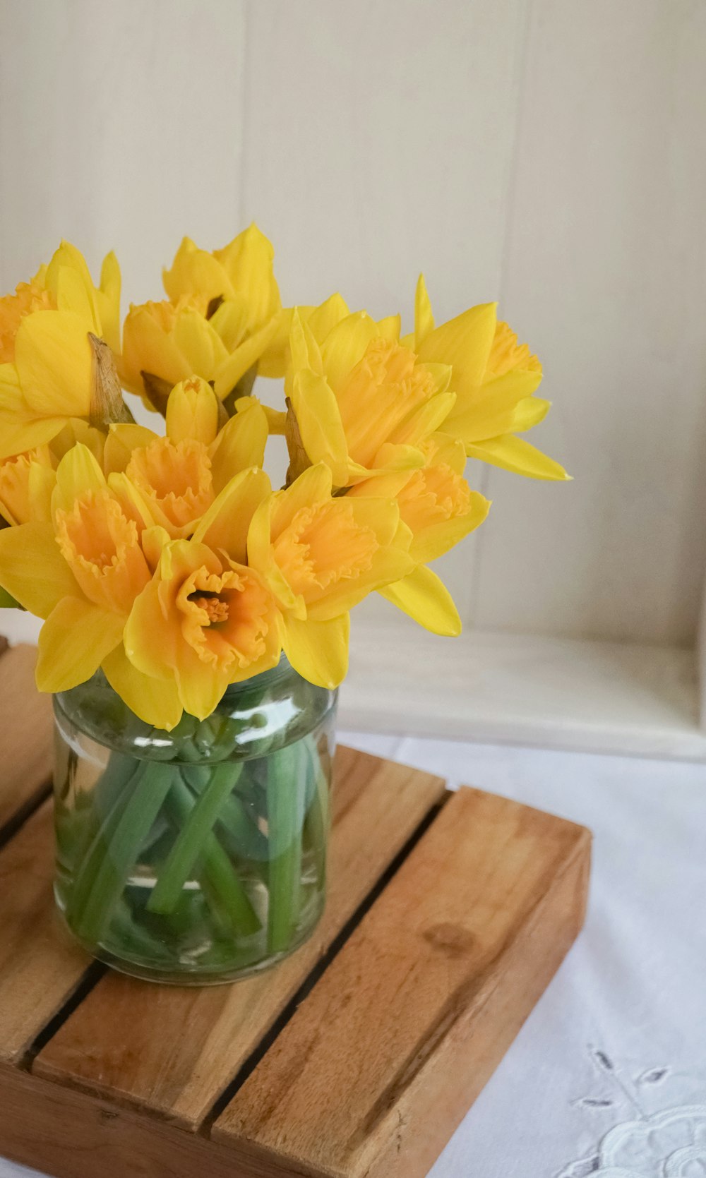 yellow daffodils in clear glass vase