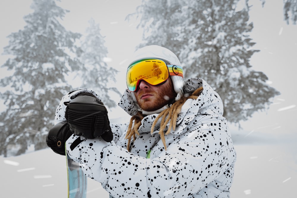 woman in white and black snow goggles and white helmet