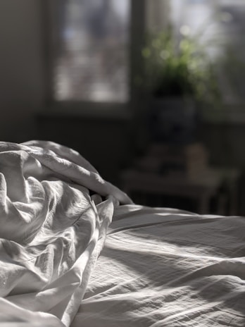 white textile on brown wooden bed frame