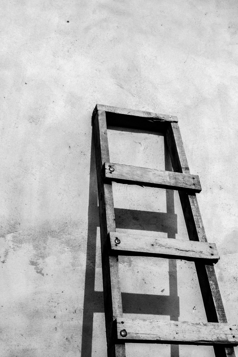 brown wooden ladder leaning on white wall