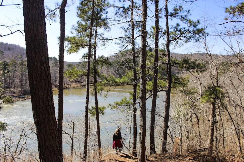person in red jacket standing near lake during daytime
