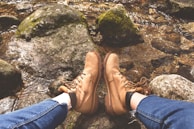 A pair of worn hiking boots resting beside a mountain stream, ready for the next step.