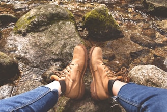 Close-up of hiking boots resting on rocky terrain beside a flowing stream.