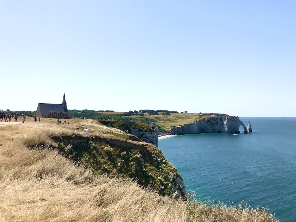 Casa marrón y blanca en campo de hierba verde junto al mar azul bajo cielo azul durante el día