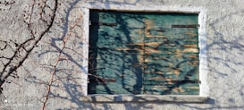 A window with closed wooden shutters that are aged and weathered, showing peeling paint. The shutters are attached to a textured stone or concrete wall. Bare branches of a plant or tree are casting shadows on the wall and the shutters.