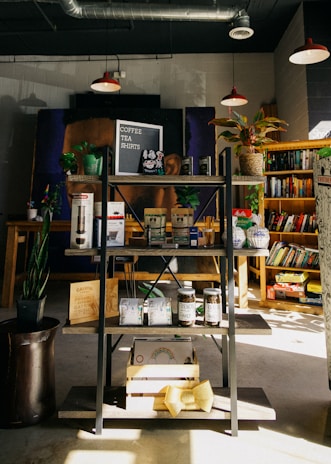 A cozy corner of the store featuring herbal teas and wellness books.