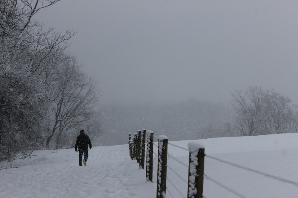 Persona in giacca nera che cammina sul campo coperto di neve durante il giorno