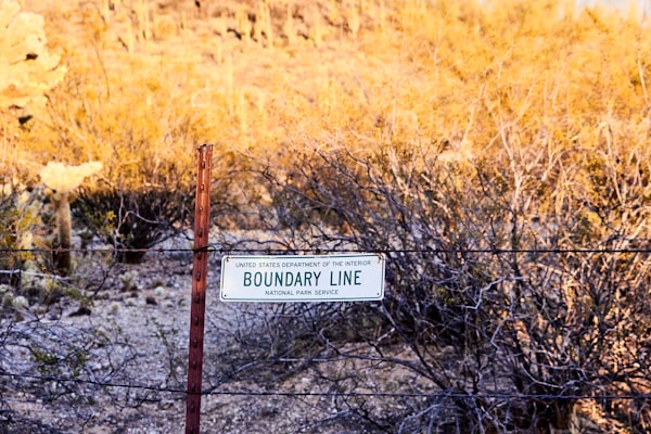 a US government sign reading "boundary line" on a barbed wire fence with scrub trees and bushes in the background