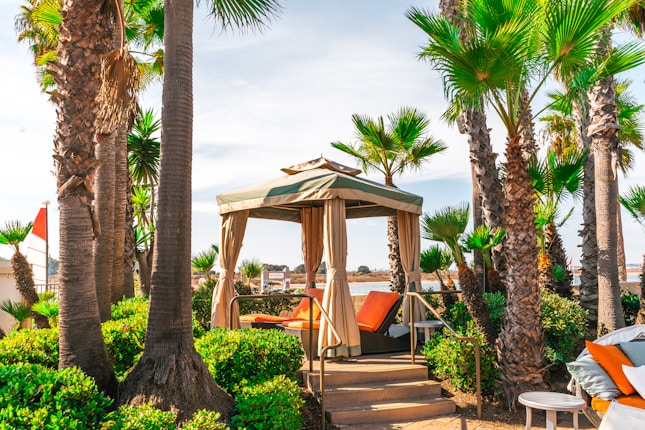A lush, tropical outdoor setting featuring tall palm trees surrounding a cozy cabana with beige curtains and orange cushions. A calm sea is visible in the background, and the area is bathed in bright sunlight, creating a relaxing atmosphere.
