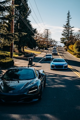 A panoramic shot of a convoy of luxury cars lined up on a scenic road at sunset.