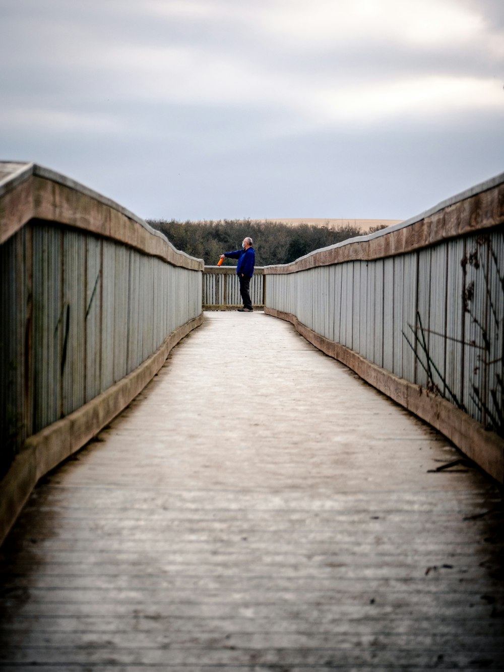 person in blue jacket walking on brown wooden bridge during daytime