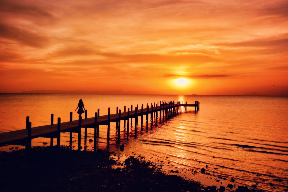 silhouette of people on wooden dock during sunset