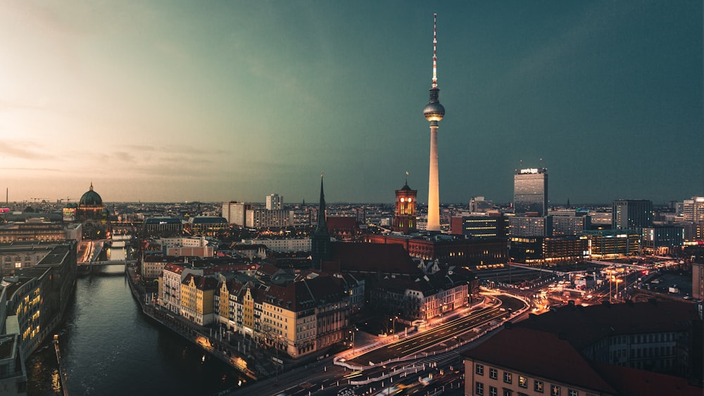 city skyline during night time