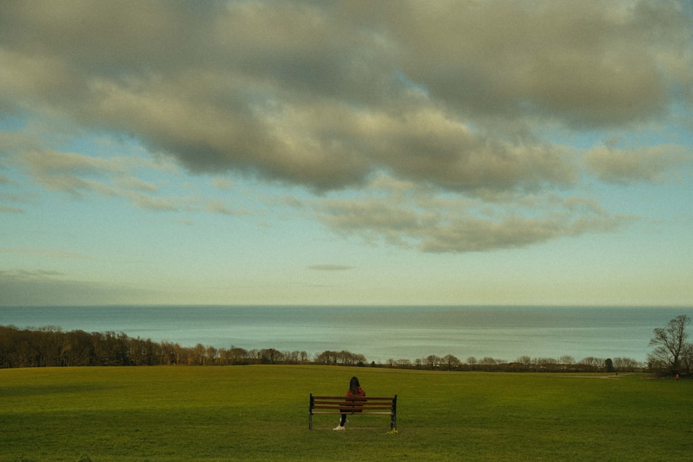 black wooden bench on green grass field under white clouds during daytime