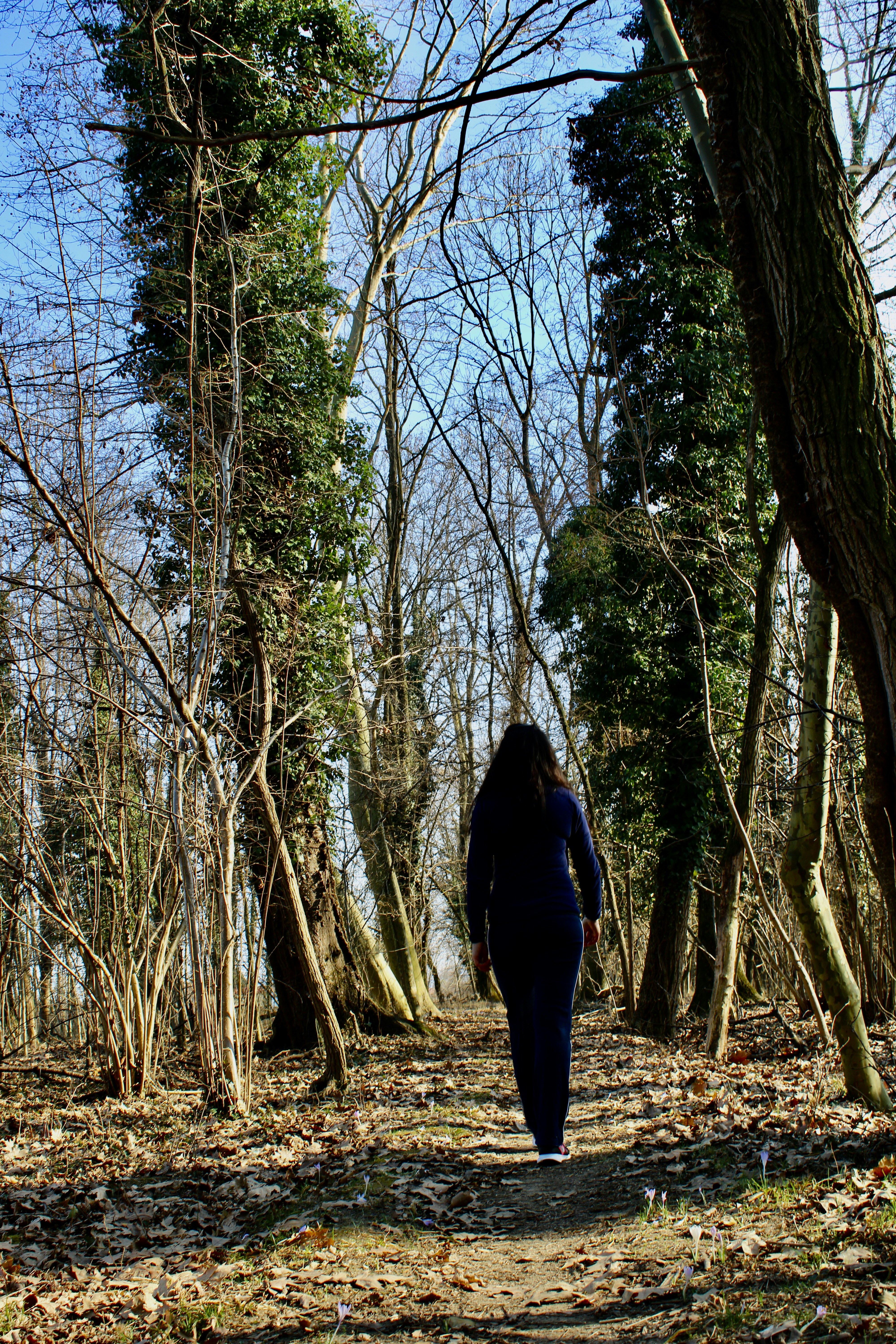 woman in black jacket standing on brown field surrounded by trees during daytime